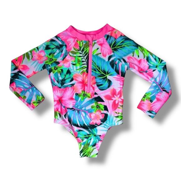 Wonder Nation Girls Swimsuit Size 2T One Piece Rashguard Neon Tropical Floral - Picture 1 of 5
